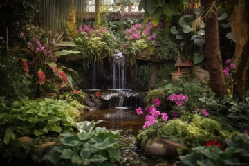 Poster - magical garden with blooming flowers, trickling waterfall and dragonfly among the foliage, created with generative ai