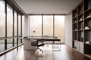 Poster - minimalist home office with wall of windows and sleek furniture, created with generative ai