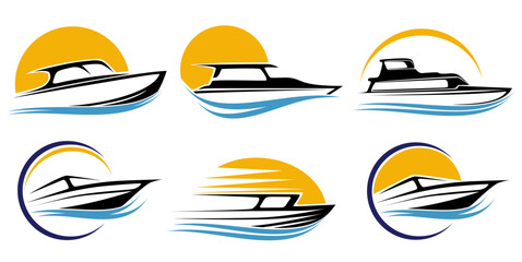 Wall Mural - Set speed boat logo icon. Boat shining sun symbol design vector illustration	