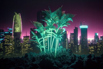 Poster - neon plant growing in a futuristic cityscape with towering skyscrapers, created with generative ai