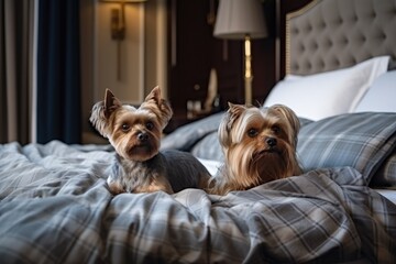 Poster - luxury hotel with extravagant beds, soft blankets and cozy pillows for pets, created with generative ai