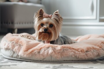 Wall Mural - luxury dog bed with designer pillow and cozy blanket on fluffy carpet, created with generative ai