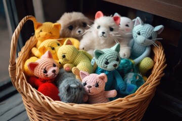 Canvas Print - a basket of colorful and soft toys for a playful kitten, created with generative ai