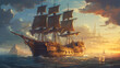 Sail ship gracefully navigating the sea at sunset, surrounded by warm hues of orange and golden skies. Pirate's Voyage. AI Generated