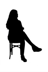 Wall Mural - view silhouette of young girl sitting on chair in short dress on white background