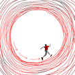 Man endlessly running in drawn circle. Hopeless situation. Hidden fears and routine pressure. Contemporary art collage. Concept of inner world, feelings, mental health and psychology