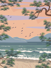 Wall Mural - Simple  Landscape with   Mountains, Sea, Pine Branches and Flying Birds