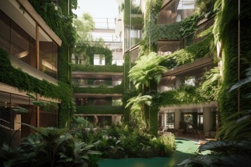 Canvas Print - green-themed hotel, with lush greenery and ecofriendly elements, created with generative ai