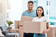 © Jesse B/peopleimages.com - Box, happy and portrait of couple in new home excited for property, apartment and real estate investment. Relationship, moving day and man and woman carrying boxes for relocation, move and house