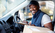 Delivery man, transport and portrait of a man writing with a smile in window for shipping or courier service. Happy black person or driver with cardboard package to sign paper in van or cargo vehicle