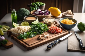 Poster - meal prep station with board, knife, and ingredients to make healthy and delicious meals, created with generative ai