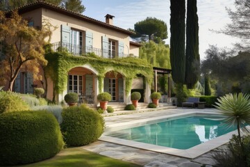 Canvas Print - mediterranean house exterior with terrace and swimming pool surrounded by greenery, created with generative ai