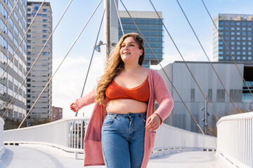 Poster - Beautiful plus size young woman outdoors - Curvy adult female, concepts about body positive, self-acceptance and self care.