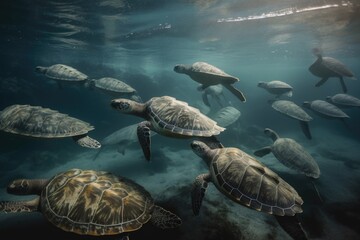 Canvas Print - school of sea turtles swimming in school together, making their way through the ocean, created with generative ai