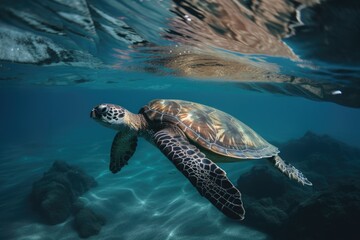 Wall Mural - sea turtle swimming in crystal-clear ocean, its flippers moving it through the water, created with generative ai