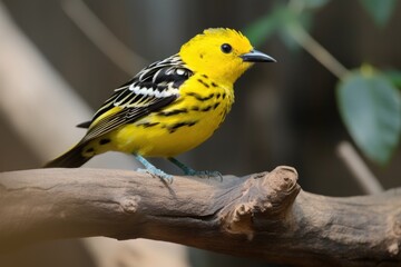 Wall Mural - yellow bird with black stripe on its head perched on branch, created with generative ai