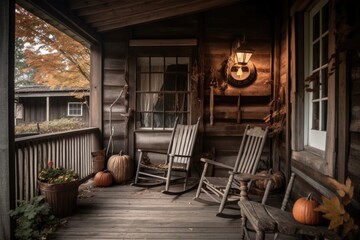 Poster - cozy cabin retreat with front porch, rocking chair, and lantern, created with generative ai