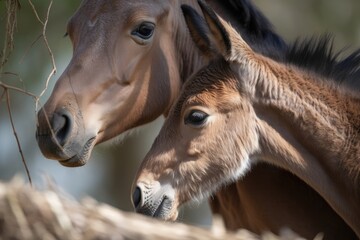 Wall Mural - newborn foal, nuzzling its mother's side, created with generative ai