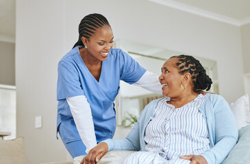 Poster - Nurse woman, senior patient and talking for support, healthcare and happiness at retirement home. Black person and happy caregiver together for trust, elderly care and help for health and wellness