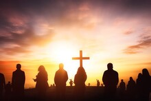 Worship Concept:Silhouette People Looking For The Cross On  Sunrise Background, Generative AI
