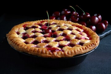 Poster - cherry pie sitting on a black plate, with cherry filling and crust visible, created with generative ai