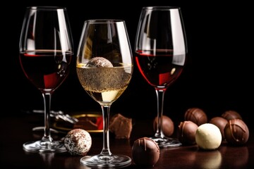 Poster - glasses of red and white wine displayed against background of chocolate truffles, created with generative ai