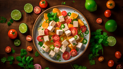 Wall Mural - Top view of a plate of tofu ceviche on wooden table. Vegan food concept.