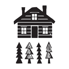 Set of log cabin and alpine fir tree vector illustrations. Masculine outdoor travel in nordic linocut chalet in Scandinavian holiday group