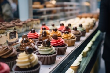 Poster - selection of classic and gourmet cupcakes on display at bakery, with customers enjoying the delicious treats, created with generative ai