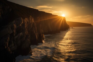 Wall Mural - sun setting over coastal cliffs, casting golden light and shadows, created with generative ai