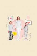 Artwork magazine collage picture of charming smiling three small children holding arms isolated drawing background