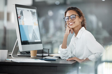 Happy woman at desk, computer screen with web design, portrait and website layout at digital marketing agency. Female creative with smile, working with technology and SEO with research at startup