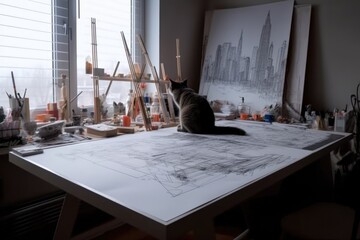 Poster - cat sits on drafting table, sketching out the design for a futuristic skyscraper, created with generative ai