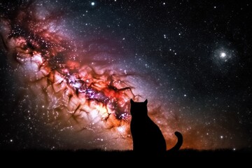 Poster - cosmic nebula with silhouette of feline and canine astronaut in space, created with generative ai