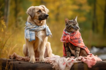 Canvas Print - kitten and puppy modeling fashions at outdoor photo shoot, created with generative ai