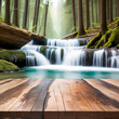 Selective focus, Wood table top on soft focus waterfall in forest background. For montage product display. generative ai.