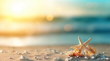 Tropical Summer Sand Beach And Bokeh Sun Light On Sea Background. Generative AI