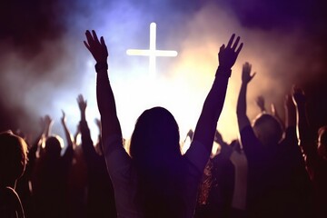 Wall Mural - Church worship concept:Christians raising their hands in praise and worship at a night music concert, Generative AI