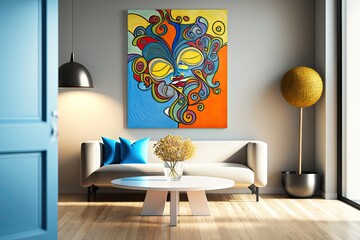 Wall Mural - Interior of modern living room with white sofa, coffee table and abstract painting on wall