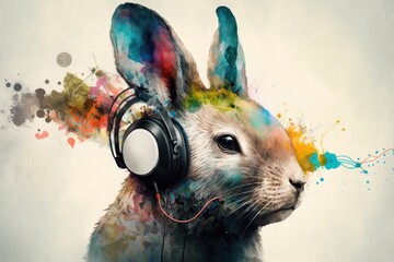 Wall Mural - Rabbit listening to music with headphones and colorful splashes on background