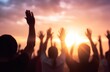© Harvinder - Worship and praise concept: christian people hand rising on sunset background, Generative AI