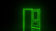 Green neon open door with glowing lines. Cyberpunk neon door background concept. Glowing neon frame. Modern 3d graphic concept. 3D rendering