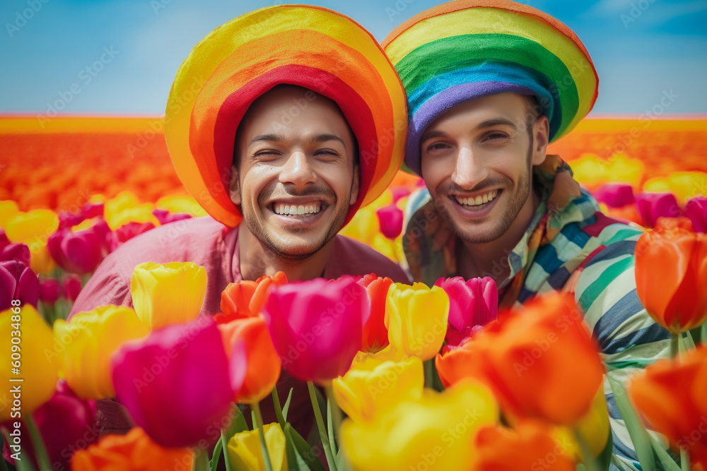 Happy Generative AI gay couple with rainbow flag color pattern ...