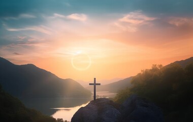 Wall Mural - Surrender concept: Silhouette of crucifix cross on mountain at sunset time with holy and light background, Generative AI