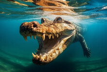 Saltwater Amercan Crocodile Closeup Underwater Shot. Generative AI