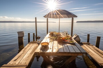 Wall Mural - picnic setup on a wooden pier, with the water and sun shining in the background, created with generative ai