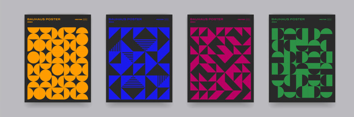Poster - Geometric pattern background, vector abstract circle, triangle and square lines art. Yellow, blue, red and green color, trendy pattern backgrounds set