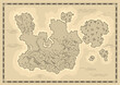 Old antique treasure map. Cartoon island map template for next level game - adventures quest or treasure hunt. Pirate grunge map. Hand drawn vintage vector illustration