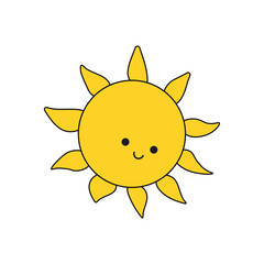 Wall Mural - Flat vector illustration of cute smiling happy sun cartoon icon logo design, kawaii style. Shiny bright day happy sun template iolated on white background. Nature concept.
