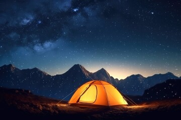 Wall Mural - Illuminated camp tent under a view of the mountains and a starry sky. Generative AI